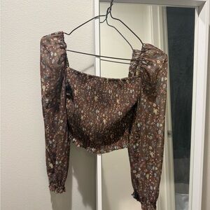 Aritzia Brown Floral Smocked Square-Neck Peasant Top